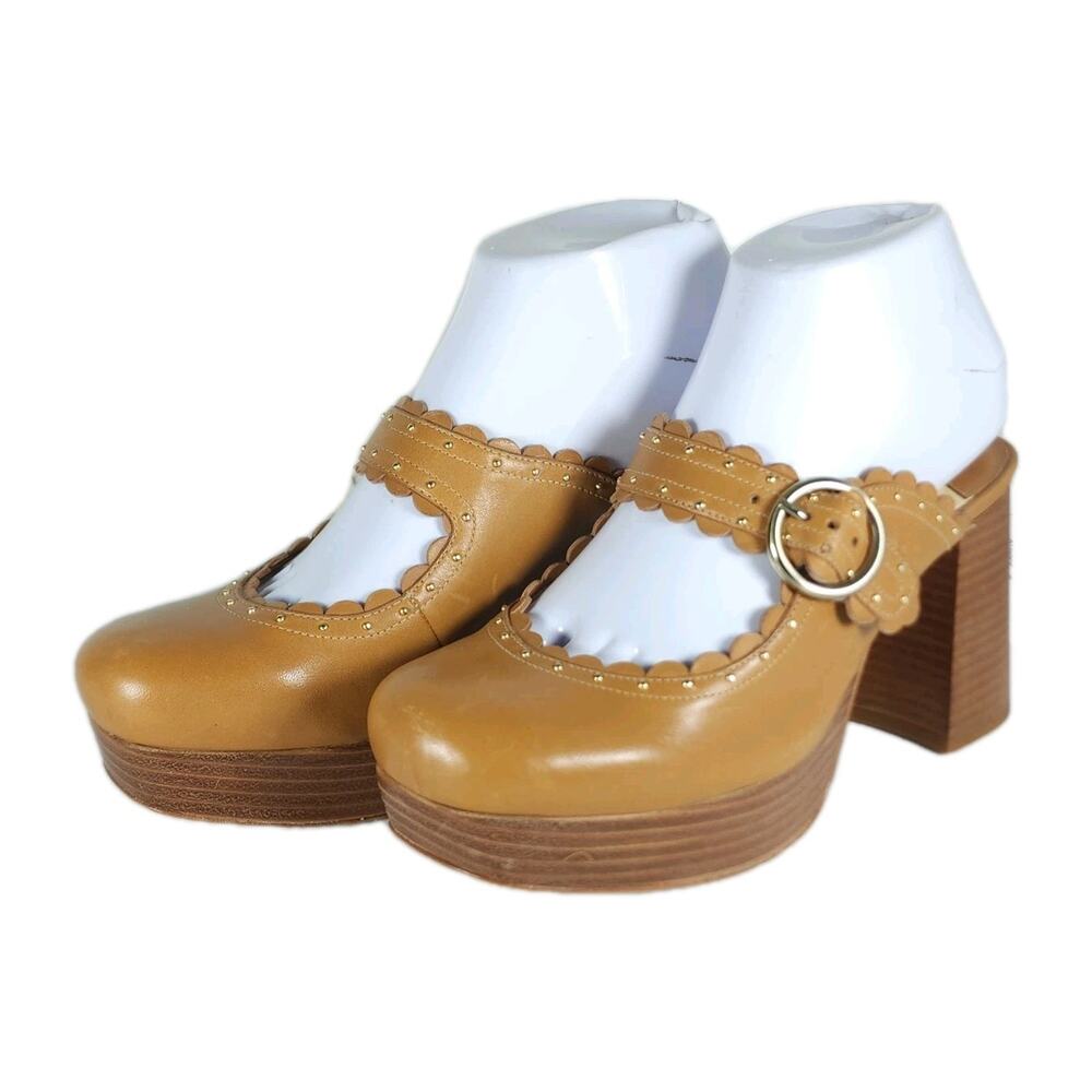 Isa Tapia Women 37 US6,5 Saddle Leather Scalloped Platform Chunky Mules Heels